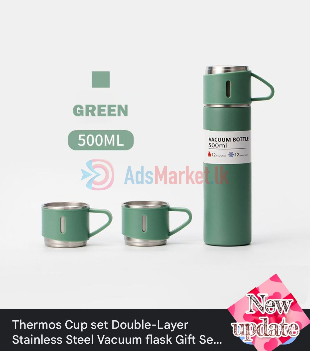 Green Color 500ml Thermos Double-Layer Stainless Steel Vacuum Flask Cup Set
