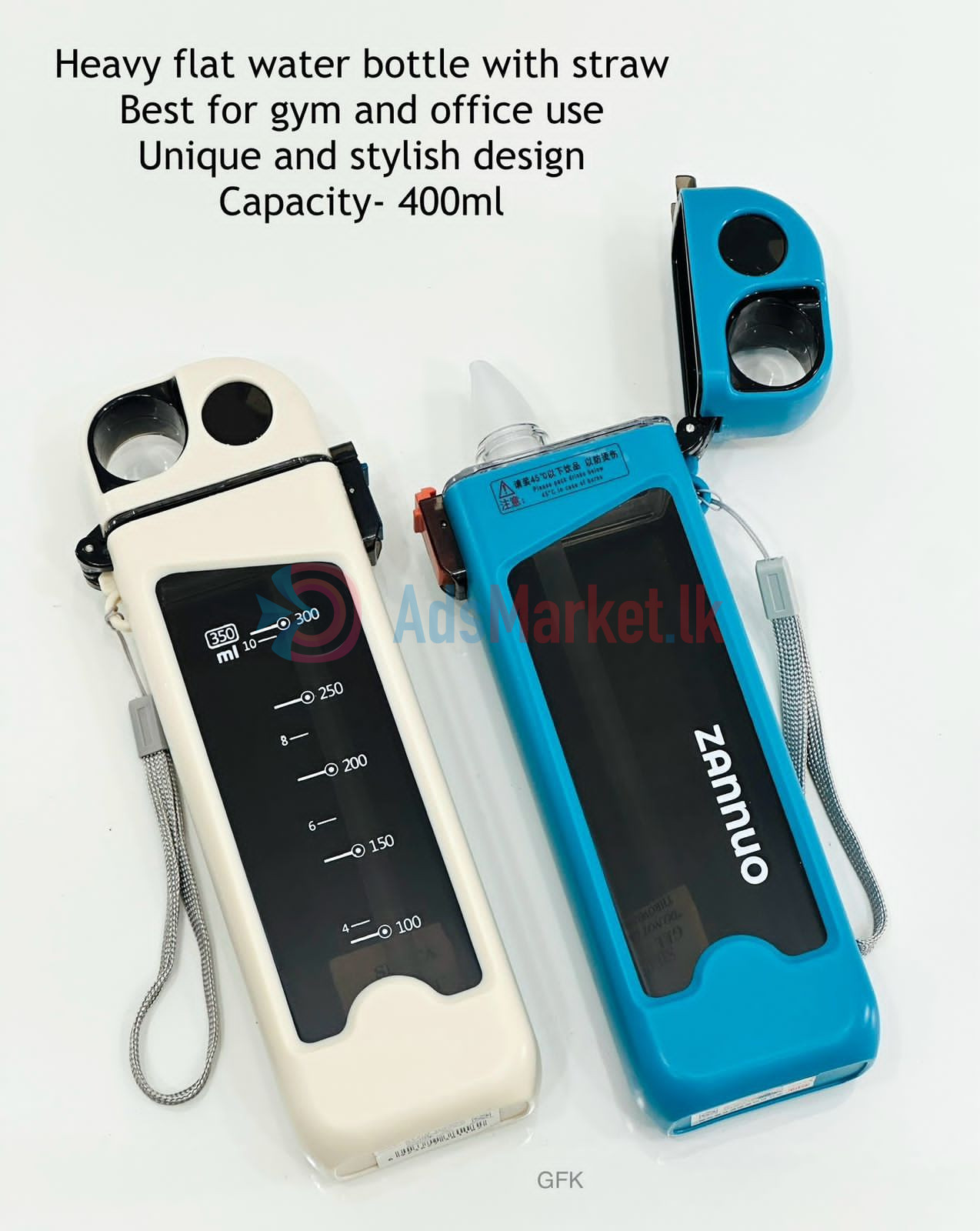 Heavy Duty 400ml Flat Water Bottle with Straw – Leak-Proof & Portable