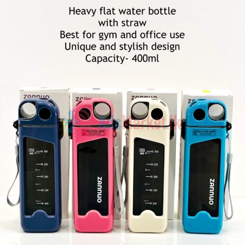 Heavy Duty 400ml Flat Water Bottle with Straw – Leak-Proof & Portable