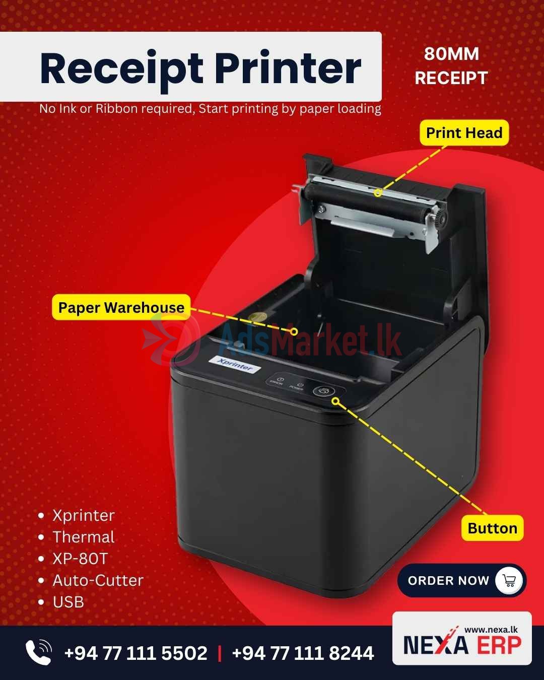 Xprinter Receipt Printer XP-80T – 80mm Thermal USB Printer with Auto-Cutter