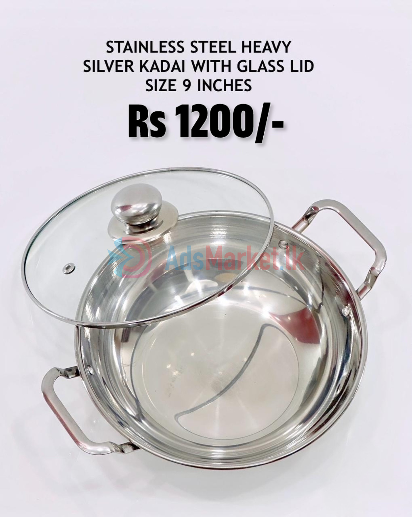 STAINLESS STEEL HEAVY SILVER KADAI WITH GLASS LID SIZE 9 INCHES