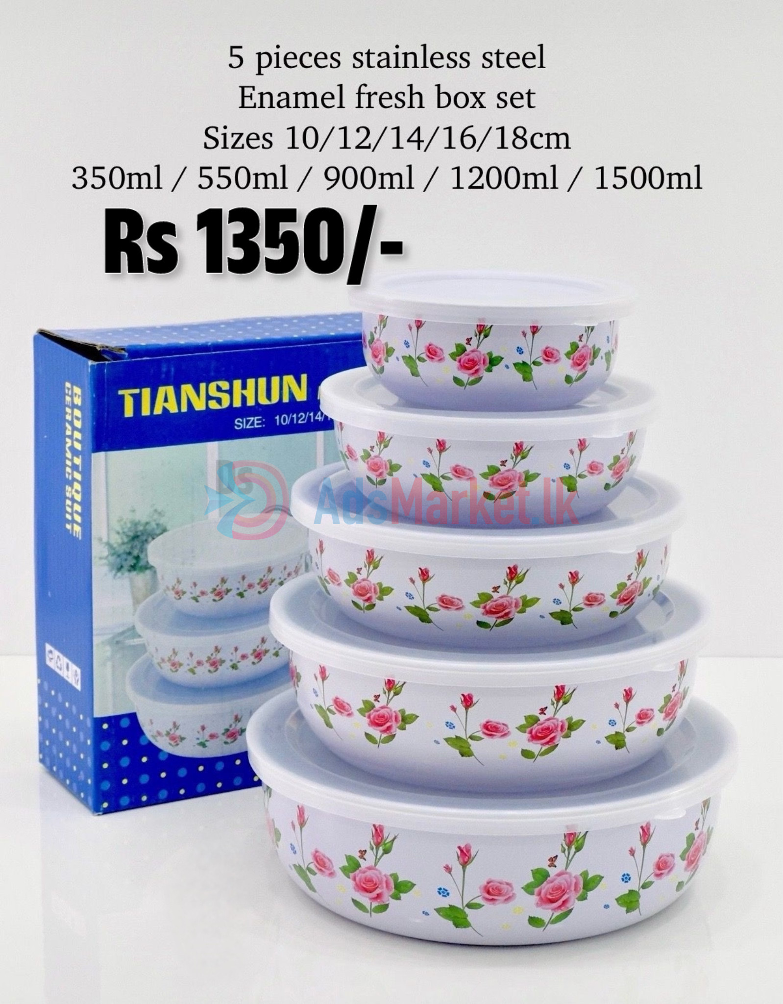 Floral Enamel Fresh Box Set | 5 Pieces Stainless Steel Storage Set