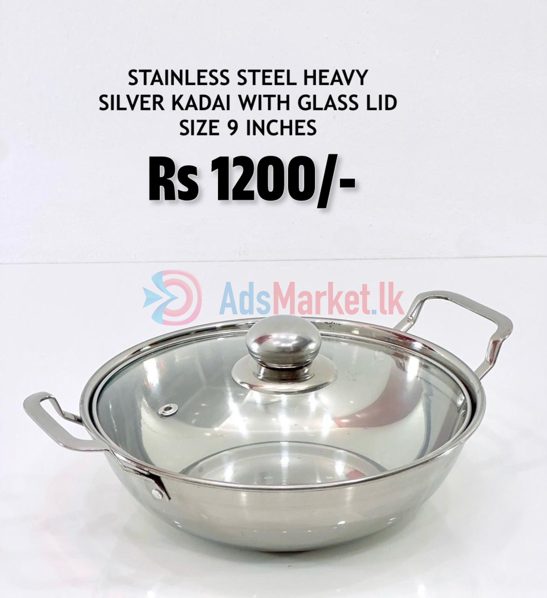STAINLESS STEEL HEAVY SILVER KADAI WITH GLASS LID SIZE 9 INCHES